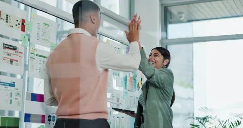 Happy people, web designer and tablet with high five on glass board for UI Stock Footage 318206482