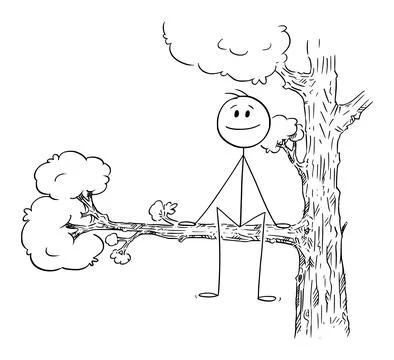 Happy Person Sitting on Tree, Vector Cartoon Stick Figure Illustration Illustrazione stock