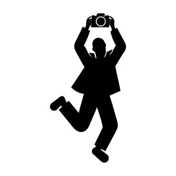 Happy photographer jumping with camera held high in air silhouette Stock Illustration