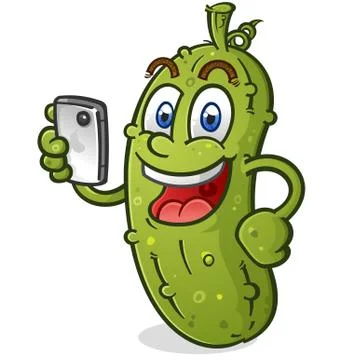 Happy Pickle Cartoon Character Using a Mobile Phone Illustrazione stock