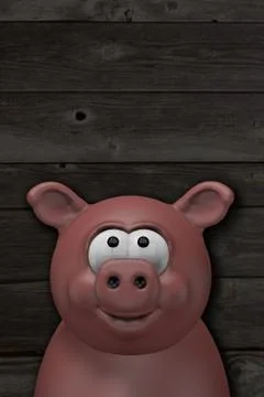 Happy pig head in front of old wooden wall - 3d cartoon illustration Stock Illustration