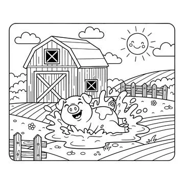 Happy pig playing in muddy puddle on sunny farm with barn Stock Illustration