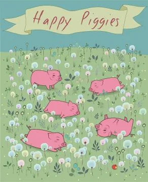 Happy Piggies on the blossoming field Stock Illustration