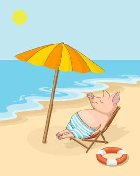 Happy piglet on the beach Stock Illustration