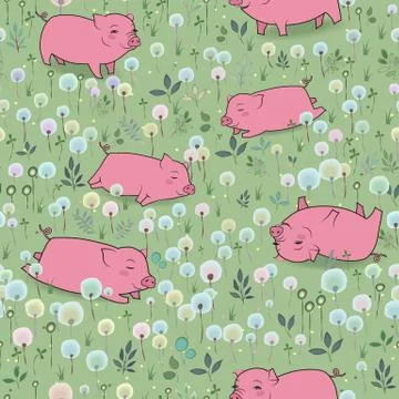 Happy Pigs on the blossoming field Stock Illustration