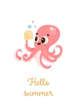 Happy pink octopus holding shell with hello summer text Stock Illustration
