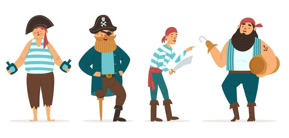 Happy pirates vector set. Four different characters: the captain of the shi.. Stock Illustration