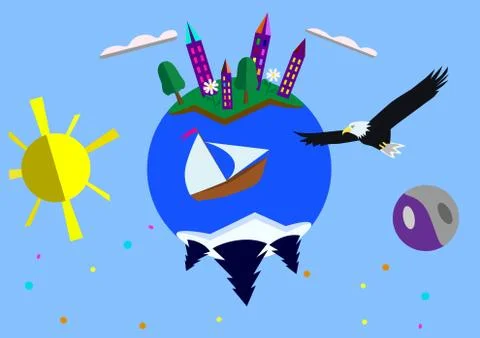 Happy planet with a soaring eagle Stockillustratie