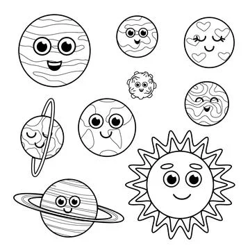 Happy planets. Solar system. Coloring page. Black and white. Vector Illustrazione stock