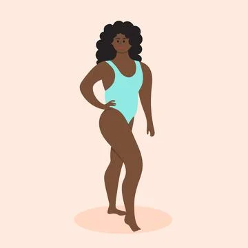 Happy plus size afro american woman in swimsuit. Body positive, acceptance, f Stock Illustration