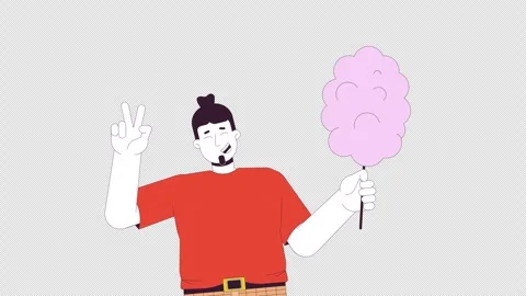 Happy plus sized man holding candy floss line 2D character animation Stock Footage 301877917