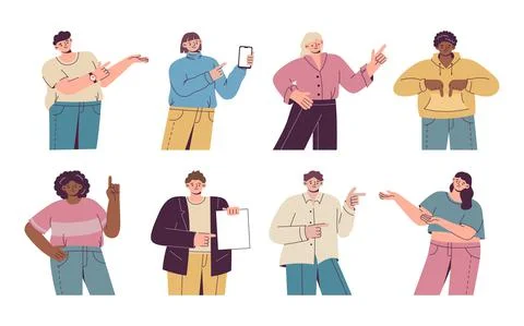 Happy pointing persons. Friendly smile people showing. Standing men and women Stock Illustration
