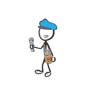 Happy postman. Vector simple post services newspaper delivery job. Stickman no Stock Illustration