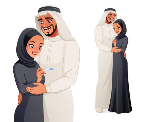 Happy pregnant Arab couple with pregnancy test. Vector illustration. Stock Illustration