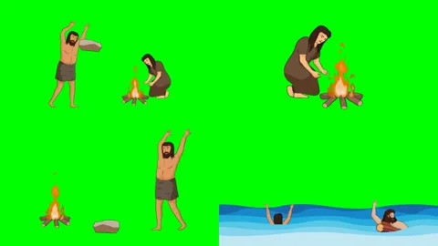 Happy prehistoric cavemen characters dancing and swimming inside sea 2d Stock Footage 334702917