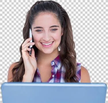 Happy pretty brunette using tablet computer and having phone call Stockfoto's