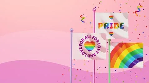 Happy Pride festive flyer background template with three flags waving on a .. Stock Illustration