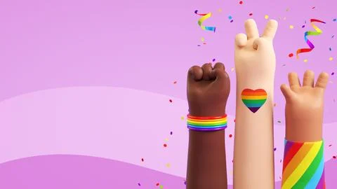 Happy Pride flyer template with three diverse raised hands and festive stuf.. Stock Illustration