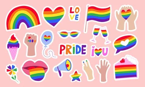 Happy Pride LGBTQ element set. LGBTQ community symbols with floral rainbow, f Illustrazione stock
