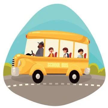 Happy primary students riding school bus Stock Illustration