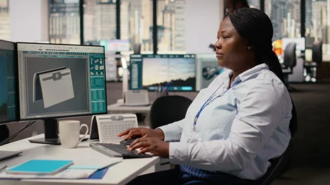 Happy product developer in office using advanced solar cell technology 스톡 동영상 316001339