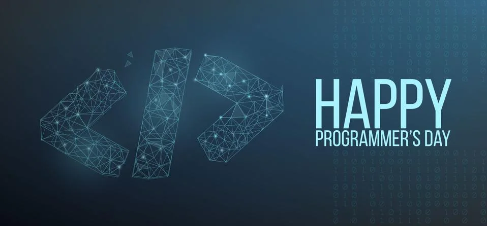 Happy programmer day banner with code symbol in polygonal wireframe style Stockillustratie