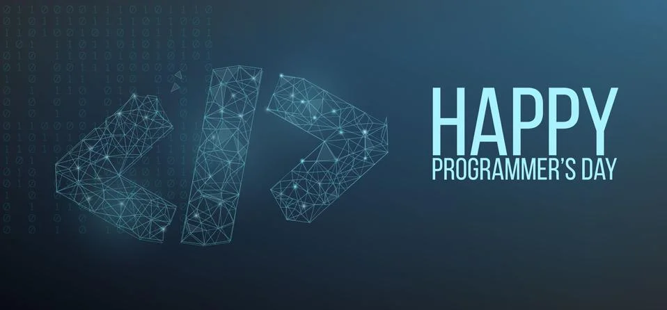 Happy programmer day banner with code symbol in polygonal wireframe style. Ve イラスト素材