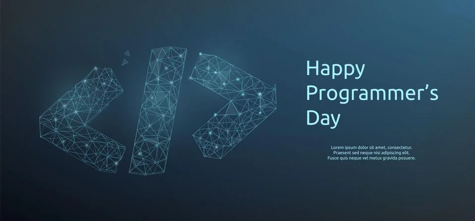 Happy programmer day banner with code symbol in polygonal wireframe style. Ve 스톡 일러스트