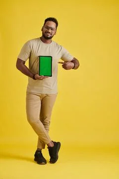 Happy Programmer Holding Tablet Computer 스톡 사진