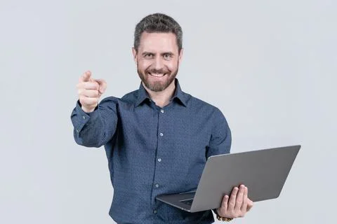 Happy programmer man use pc. entrepreneur or manager. agile business. Stock Photos