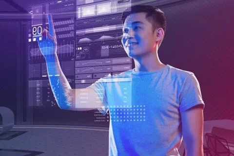 Happy programmer smiling while touching the holographic image Stock Photos