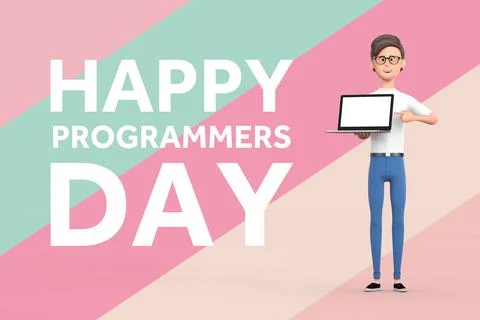 Happy Programmers Day Concept. Cartoon Programmer Person with Laptop and Prog Stock-Illustration