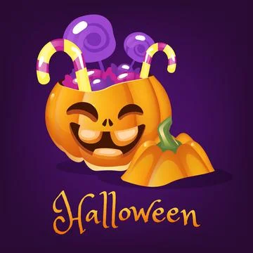 Happy pumpkin with sweets cartoon vector illustration Stock Illustration