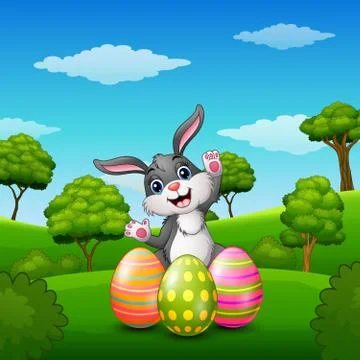 Happy rabbit cartoon with easter eggs in the park Stock Illustration