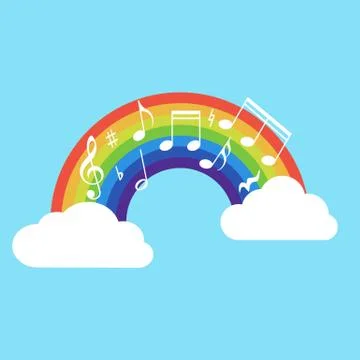 Happy rainbow with music note isolated on background. Vector illustration. Illustrazione stock