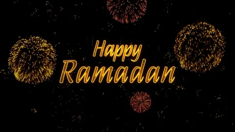 Happy Ramadan Greeting text with particles, colored fireworks, sparks and stars Stock Footage 99064073
