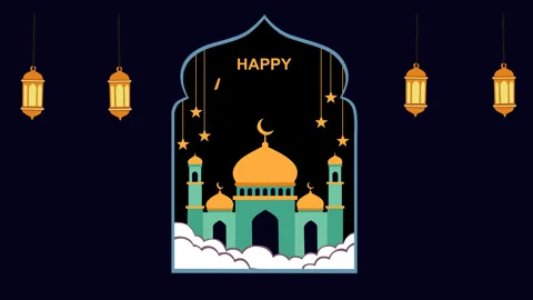 Happy Ramadan Mosque with Crescent and Lanterns Night Scene 스톡 동영상 331904444