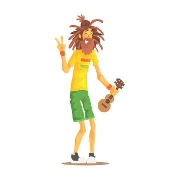 Happy rastafarian guy with dreadlocks and little guitar. Rastafarian subculture Illustrazione stock