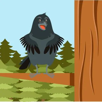 Happy Raven on the Tree winter flat background Stock Illustration