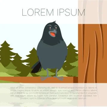 Happy Raven on the Tree winter flat background Stock Illustration