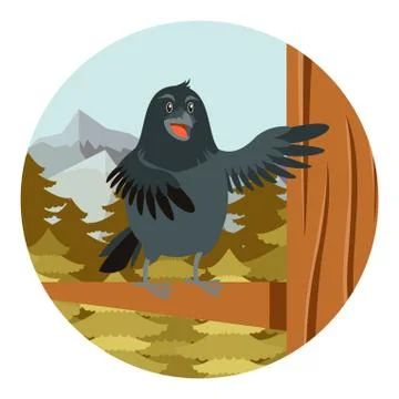 Happy Raven on the Tree winter flat background Stock Illustration