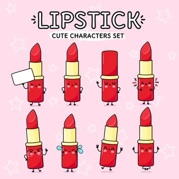 Happy Red lipstick characters bundle set. Vector hand drawn doodle style ca.. Stock Illustration