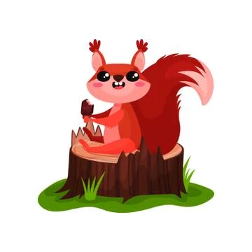 Happy red squirrel sitting on tree stump and eating ice-cream. Flat vector icon イラスト素材
