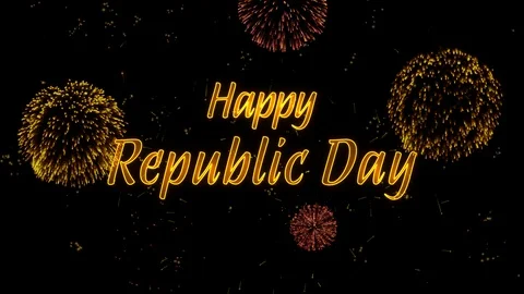 Happy Republic Day Greeting text with particles, colored fireworks, sparks Stock Footage 99064641