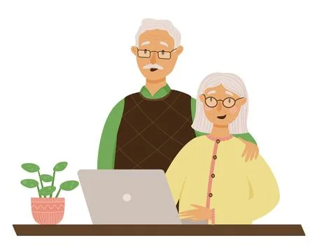 Happy retirees are working on the computer. A sweet grandmother is studying o Stock Illustration
