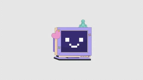 Happy retro computer winking with pixel smile and calm figurine 2D cartoon Stock Footage 347809058