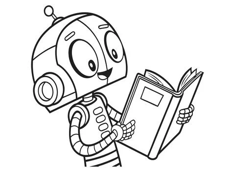 Happy robot character reading a book, outline drawing for kids education. Stock Illustration