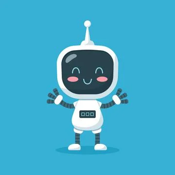 Happy robot with digital screen on chest and antenna waving hands, flat vector Stock Illustration