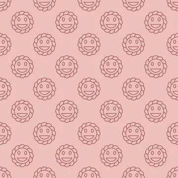 Happy Round Smiling Flower vector outline seamless pattern in Groovy style Illustrazione stock