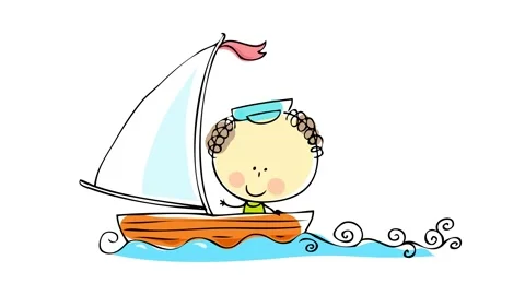 Happy sailor waving to the camera floating on his wooden boat and a red flag on Stock Footage 130971273